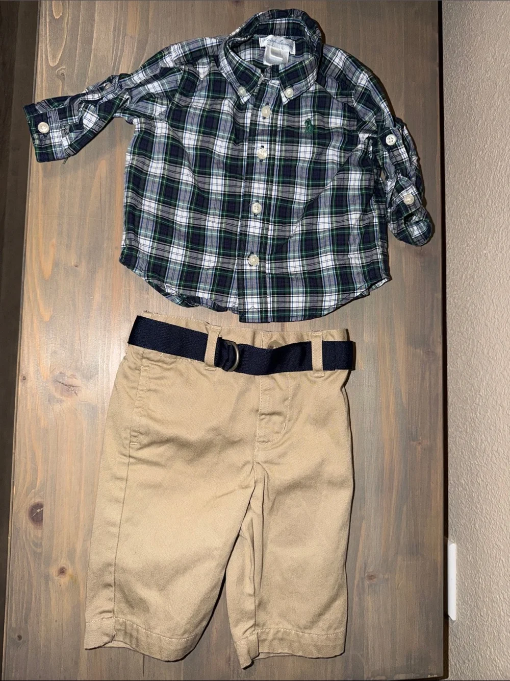 Ralph Lauren Baby Boy Button-Up Shirt & Khaki Shorts Set - Size 3 months